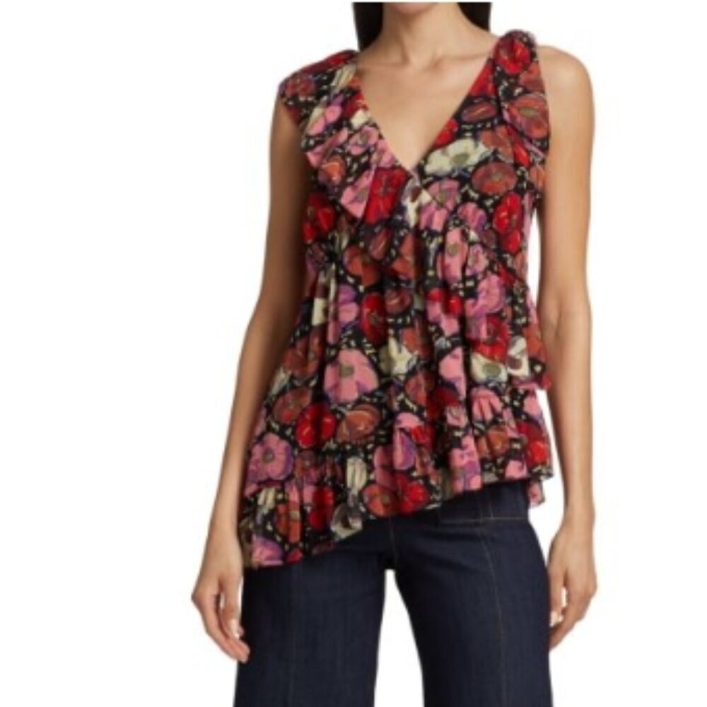 Cinq à Sept Naomi Asymmetrical V-Neck Top – Black Multi (Size S, NWT)